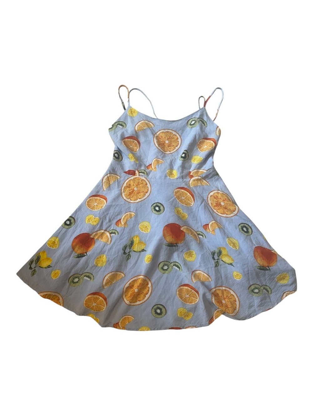 Forever 21 Fit-N-Flare Fruit Print Strappy Sundress - Blue, Orange & Yellow Sz M